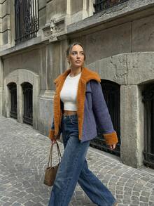 Women's Luxury Blue Suede Jacket Elegant Caramel Teddy Fur Trim Lapel Coat, Thick Warm Winter Outerwear For Carnaval Party Night Out Streetwear Chic Mob Wife Aesthetic Old Money Bontjas Fashion - Blue - View 5