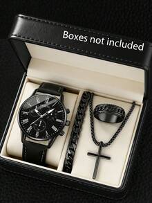 4pcs Kids Casual Quartz Watch Set With Black Dial And Fashionable Accessories - Perfect Gift For Father's Day, Valentine's Day, Easter, Birthday And Christmas - Black - View 5