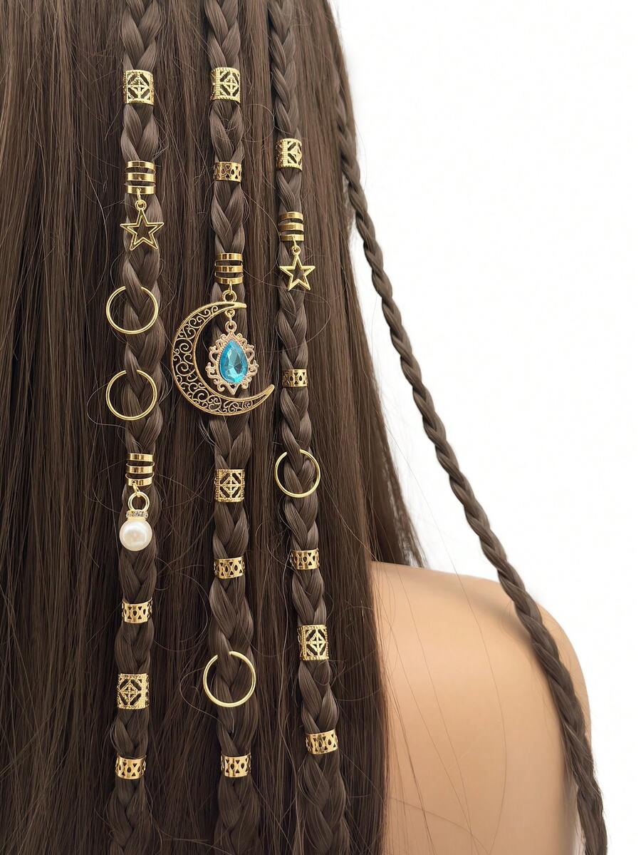 44件套星月发饰，镶嵌水钻，适用于女士辫子、珍珠、脏辫等多种发饰。 - 金色 - 查看 1