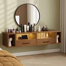 Owii Juego de 2 Mesitas de Noche Flotantes con  Mesilla de Pared con Cajon y Estacion de Carga Buro para Recamara con Estante Abierto Mueble Auxiliar  para Dormitorio Marron - Marrón - Ver 1