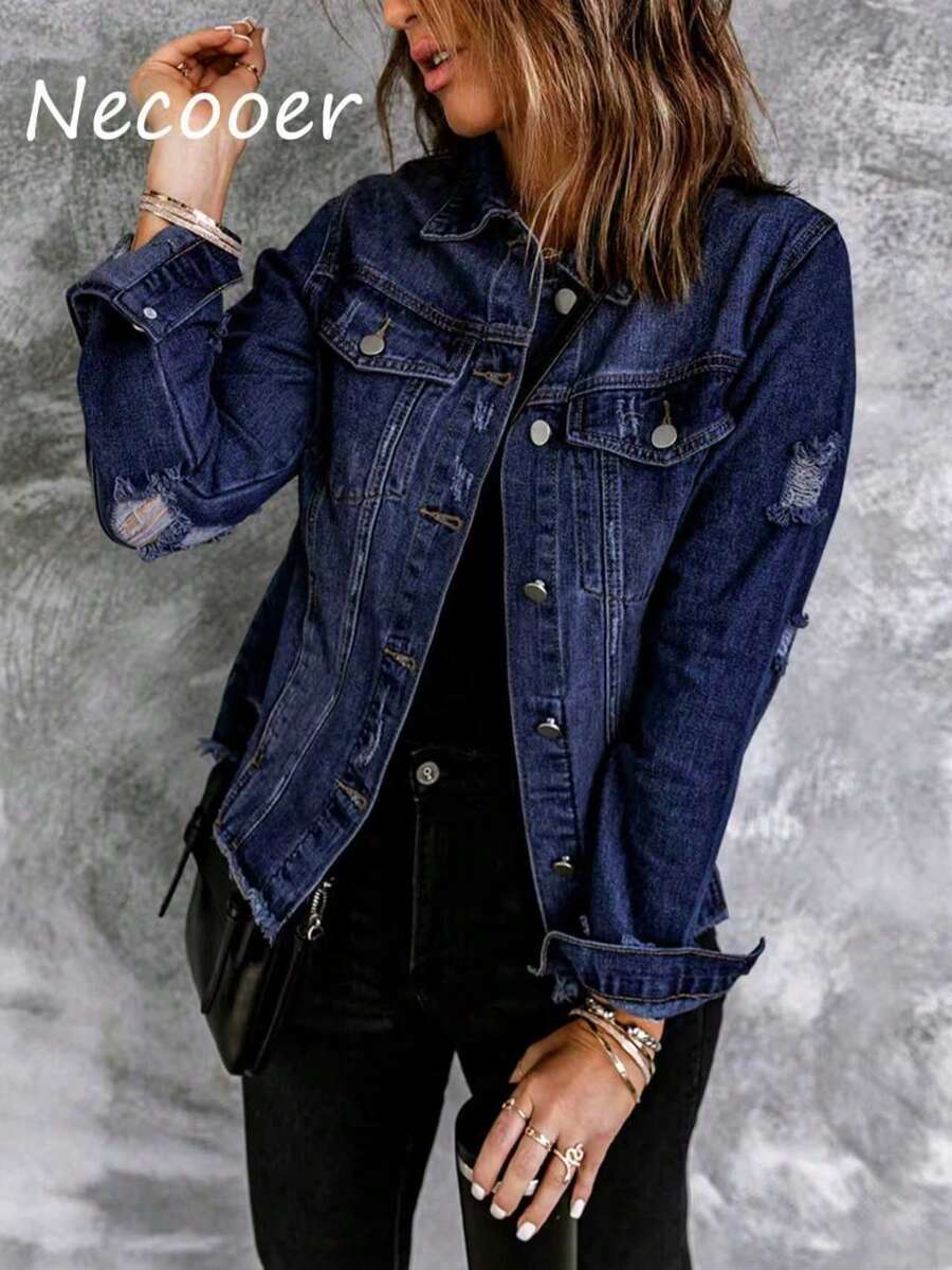 Necooer Women's Denim Jacket Old Style Washable Button Up Boyfriend Denim Jacket With Pocket Jacket Jacket [Four Season Version] - 深藍色 - 查看 1