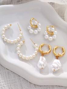 6pcs Elegant & Sophisticated Faux Pearl Stud Earrings Set, Everyday, Date, Commute, Birthday, Valentine's Day Gift For Her - Yellow Gold - View 5