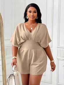 BIUBIU Plus Size Women's Batwing Sleeve V-Neck Short Sleeve Jumpsuit, With Bow And Ruffle Design, Elegant Dress - Light Khaki - View 6
