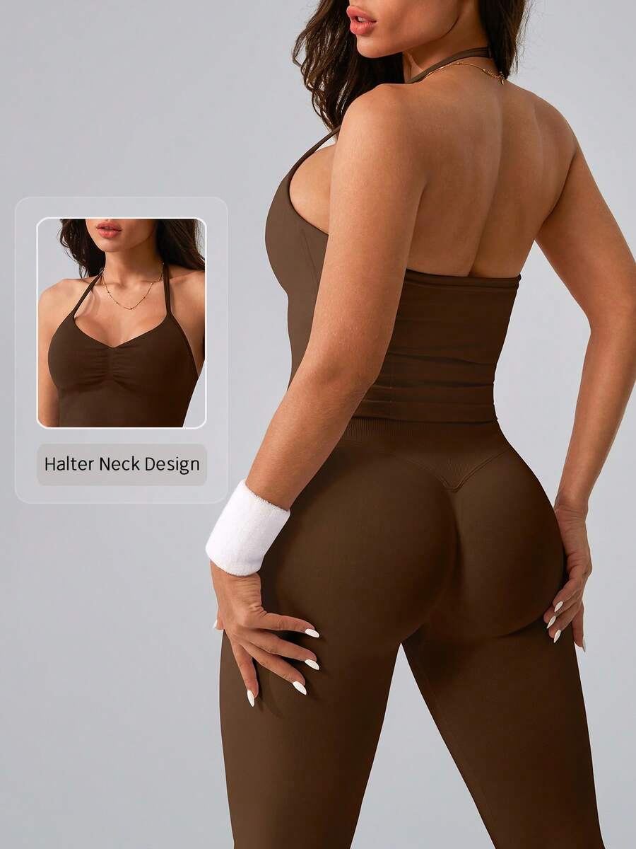 NcmRyu 1 Set Women's Fashion Elastic Halter Neck Tank Top And Pants Sportswear Set Summer - Brown - View 1
