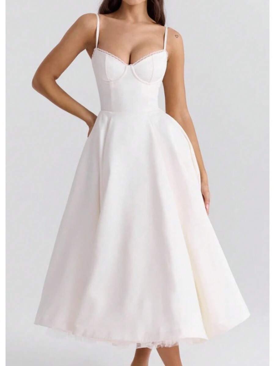 Dresses For Women,Women's Fashionable Double-Layer Lace Camisole Sexy Slim Fit Ruffled Trim Dress - 白色 - 查看 1