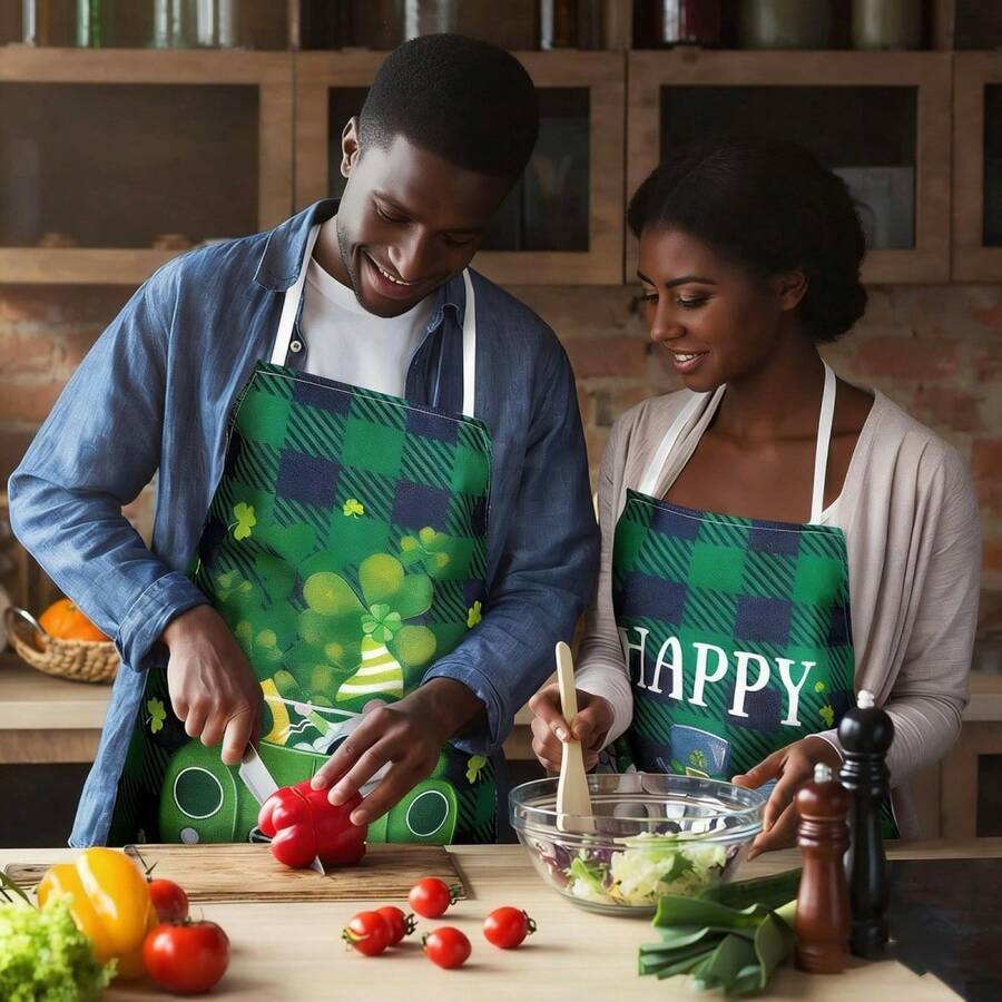 4 delantales de cocina irlandeses con diseño de trébol y gnomo a cuadros, delantales verdes para cocinar y hornear, para mujeres y hombres. - Verde - Ver 1