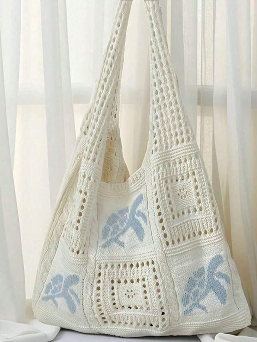 Valentine's Day Women's Summer Beach Tote Bag - Crochet Design With Sea Turtle Pattern, Large Capacity Open-Top Tote, Beige Polyester, Suitable For Casual Outings And Coastal Vacations, Beach Tote Bag, Travel Accessory, Bohemian Fashion, Woven Texture, Spacious Tote Bag, Essential For Vacation, Ideal For Work, Back To School , Bohemian Outfit For Women - 彩色 - 查看 1