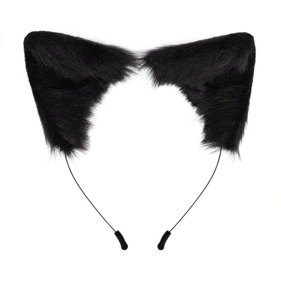 QinRuan Cat Fox Faux Fur Ears Headband Cute Halloween Fancy Dress Cosplay Handmade Animal Furry Ears Hair Hoop - 黑色的 - 查看 1