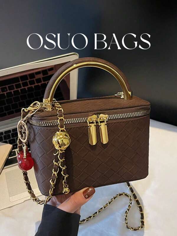 1pc Mini Quilted Diamond Pattern Handbag, Fashion PU Material Chain Shoulder Crossbody Bag, Zipper Closure, Stylish Square Bag For Commute, Comes With Accessory Charm