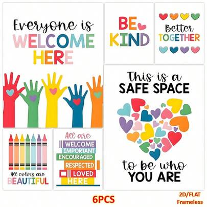 6pcs Colorful Printed Classroom Posters, Kindness Poster, Diversity Decoration Posters, Suitable For Room, Classroom, Living Room, Dining Room Wall Decor, 8x10 Inch Unframed