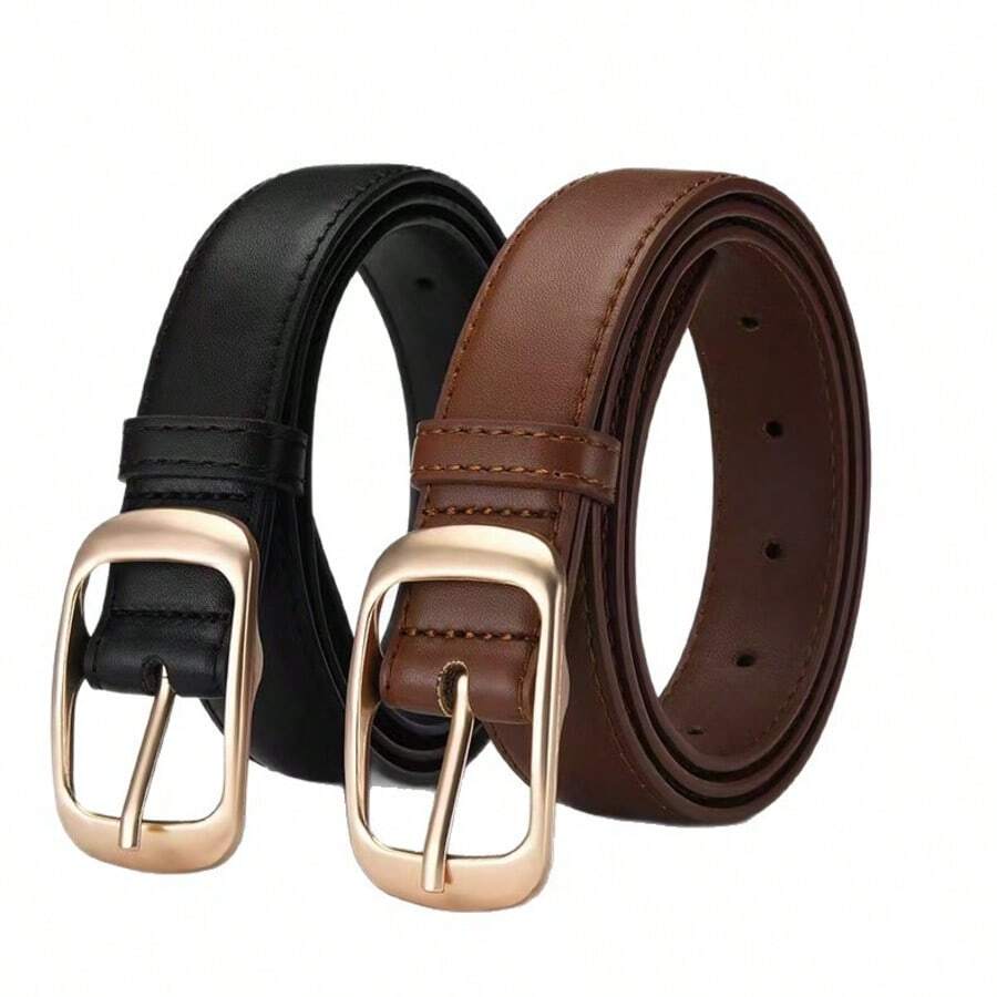 1pc Women's Metal Small Square Buckle PU Leather Belt,Simple & Fashionable, Suitable For Jeans, Trousers, Coats, Dresses, Etc. Summer, School Fall, Autumn, Halloween - 咖啡 - 查看 1