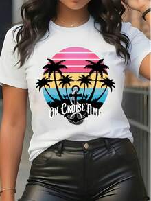 Camiseta gráfica "Tiempo de crucero" para mujer, camiseta de manga corta con estampado vintage de atardecer y palmera, top casual de verano para vacaciones - Blanco - Ver 6