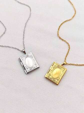 1件装不锈钢方形书本造型照片吊坠项链，男女皆宜