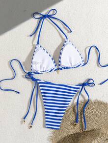 wohenmeili 夏季度假沙滩条纹比基尼套装 - 藍白條 - 查看 5