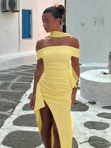 Women's Elegant Off Shoulder Maxi Dress, Draped Sleeveless High Split Evening Party Dress Wedding Spring - Yellow - View 6