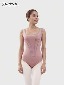 balletto 成人体操服，高衩紧身弹力网眼拼接鱼骨纹连体衣（女款） - 粉色 - 查看 3