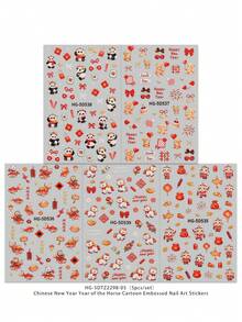 5片/套 中国新年卡通马3D美甲贴纸，节日气氛浓厚，中国风，马年主题，5D精致贴纸，适用于情人节、复活节、音乐节、婚礼季、狂欢节等场合，易于粘贴的美甲装饰，DIY，节日礼物，Y2K - 彩色 - 查看 10