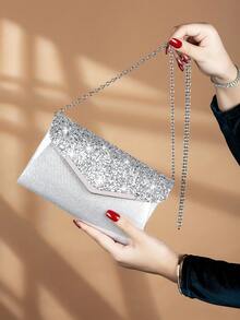 REMANLAND Shiny Evening Clutch, Elegant Fashion Envelope Bag, Ladies Wedding Party Handbag - Silver - View 3