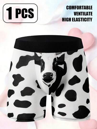 1 Calzoncillo tipo bóxer cómodo con estampado de vaca para hombres: Tela suave de alta elasticidad y ventilación para uso diario