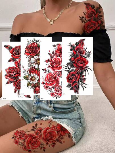 4pcs Colorful Flower Temporary Tattoo Stickers, Large Size Floral Pattern, Fashionable & Realistic Waterproof & Sweatproof, Suitable For Women & Girls Body Art On Arms, Waist, Legs & Chest, Fit For Holidays & Daily Wear, Valentine's Day Decoration