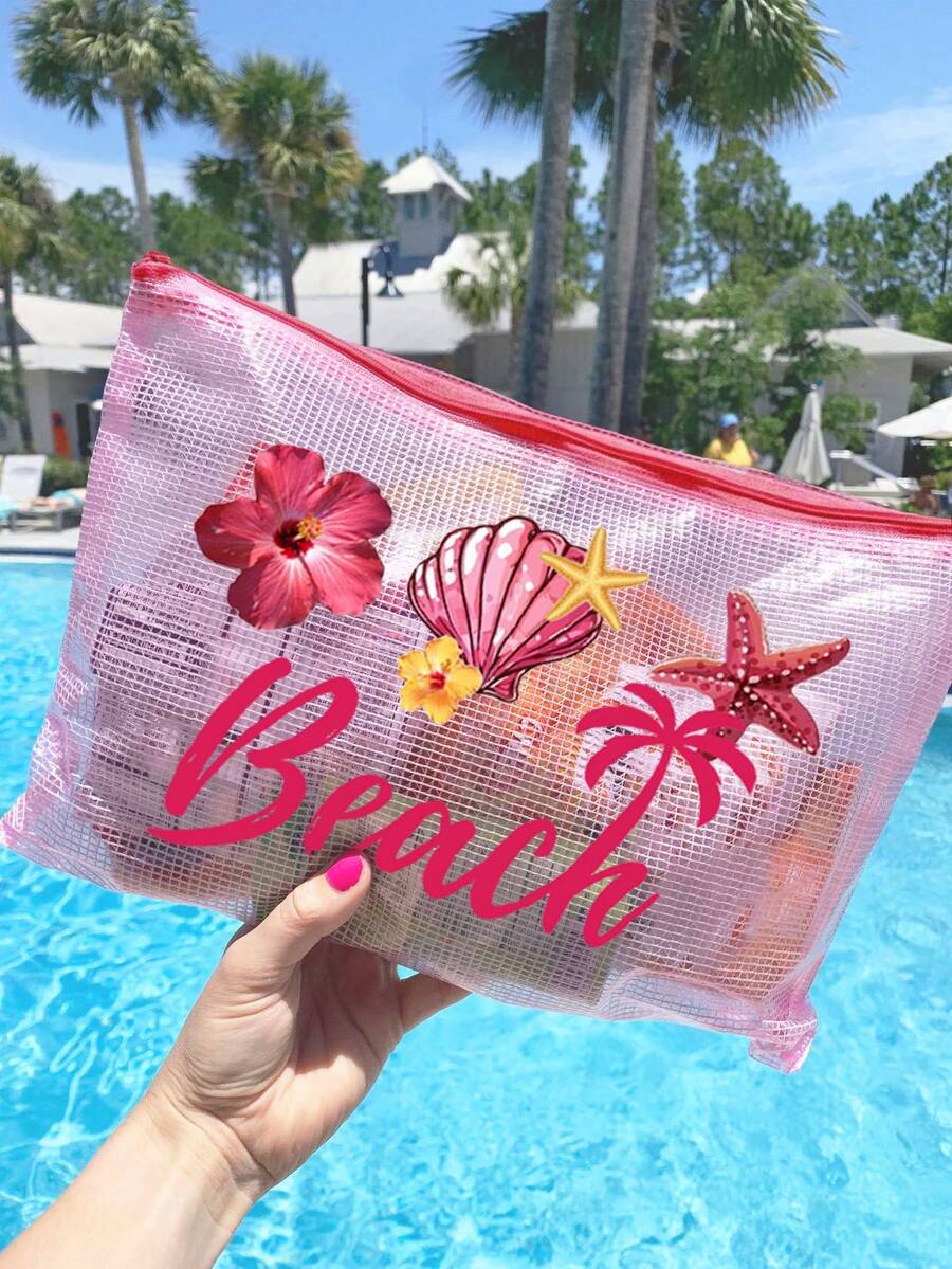 時尚防水PVC海灘包，附「Beach」貝殼圖案，A4尺寸，透明化妝包、盥洗包，尼龍拉鍊，適合游泳、潛水、夏季度假，輕量，海灘必備，旅行/開學必備，度假良伴