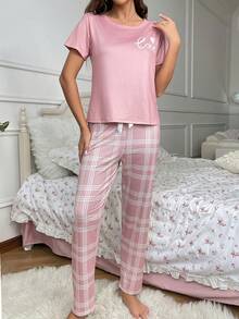Minimalist Letter Print Short Sleeve Pajama Set, Plaid Pants, Comfortable Casual Sleepwear For Women - Pink - View 3