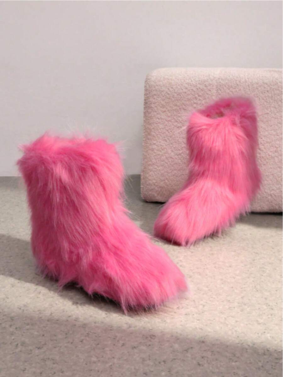 Women's Faux Fur Boot Furry Fluffy Round Toe Suede Winter Comfy Plush Warm Short Outdoor Indoor Flat Shoes Mid-Calf Boots Fashion Boots - Nâng cấp màu hồng - Xem 1