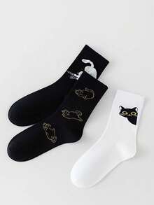 3双卡通猫咪图案趣味个性化简约船袜，可爱美观，百搭时尚女袜 - 黑與白 - 查看 5