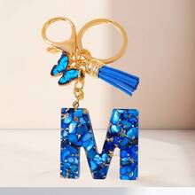1个蓝色字母钥匙扣，可爱蝴蝶树脂钥匙链，适用于包包、背包、车钥匙，女士日常礼物 - 藍色 - 查看 32