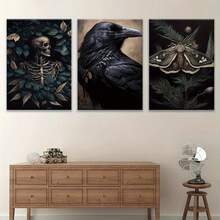 三联无框帆布印刷装饰画，骷髅、乌鸦，暗黑学院风，万圣节装饰，复古哥特式绘画，暗黑乡村风格，维多利亚风格，室内家居墙面装饰艺术品 - 彩色 - 查看 1