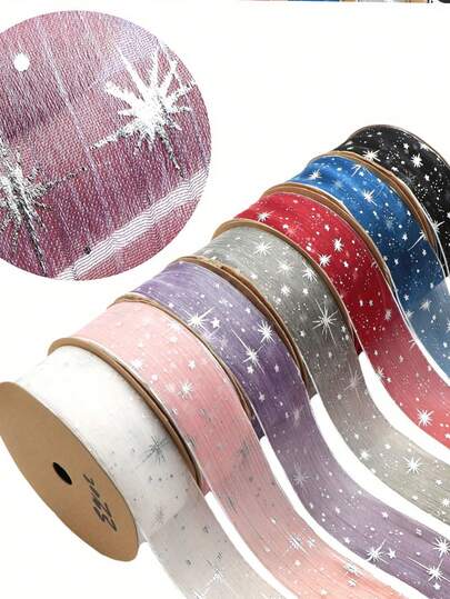 Starry Sky Pattern Organza Ribbon, Bouquet Packaging Ribbon Bow Handmade DIY, Art Supplies, Crafts And Sewing - Gift Packaging Supplies - Gift Packaging Ribbon And Tape - White, Red, Pink, Gray, Blue, Purple - Nylon Material