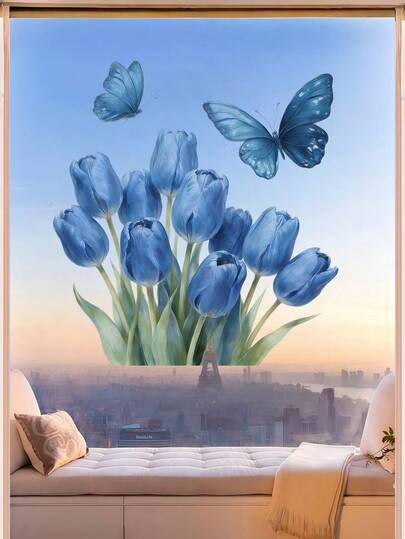 1pc Elegant Flowers And Butterflies Window Sticker With Soft Botanical Style, Window Clings For Glass Windows Ideal For Home Windows, Balconies, Cafes And Boutiques. Perfect For Floral Decor Lovers And Nature Fans, Making A Charming Gift For Friends, Family Members And Decor Enthusiasts.