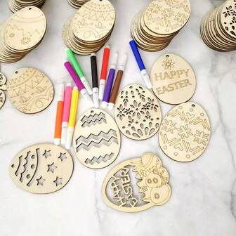 10个可涂色木质复活节彩蛋装饰品（含麻绳和6支水彩笔，颜色随机），DIY手工，适合节日寻宝游戏、悬挂装饰，彩绘兔子和彩蛋木质吊坠