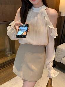 女士优雅蕾丝边露肩荷叶边设计上衣 - 杏色 - 查看 6