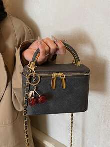 1个迷你菱格纹手提包，时尚PU材质链条单肩斜挎包，拉链封口，时尚小方包，适合通勤，附赠吊坠