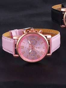 7pcs Set: Pink PU Leather Women's Watch, Clover Bracelet, Necklace, Earrings And Ring - Pink - View 5
