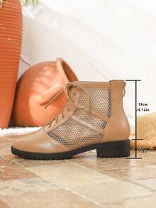Women's Fashion Mesh Boots, Chunky Heel Apricot Sandals, New Spring/Summer Buckle Closure Back Zipper Bohemian Lace-Up Hollow-Out Four Seasons Sandals, Round Toe Strappy Roman Shoes, Casual Vacation Party Event Comfortable Plus Size Breathable Ankle Boots, Mid-Heel Mesh Shoes - Apricot - View 9