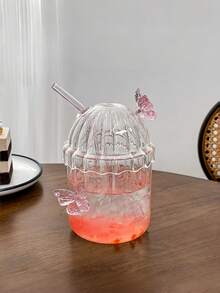 1 Stück Glas Schmetterlingstasse, rosa Schmetterling Frühstückstasse für Milch und Kaffee, transparente vertikal gestreifte niedliche Glastasse, für den Heimgebrauch Eiskaffee Americano Latte Tasse - Verschiedenfarbig - Übersicht 3