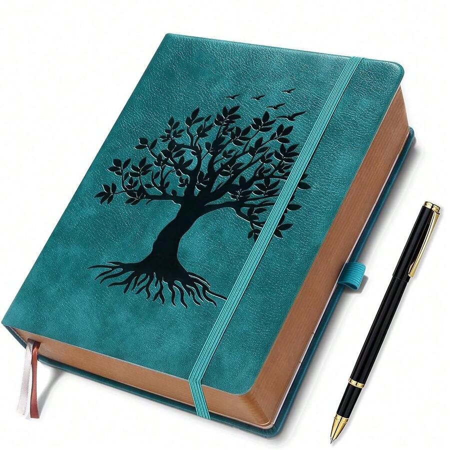 ZXHQ 360 Pages Thick Journal For Women & Men, A5 Lined Journaling Notebook For Writing, Hardcover, 100Gsm Paper, Tree Of Life Design, Pen Set, Vintage Brown Edge, Back Pocket, Seagreen - SeaGreenA5Lined - View 1