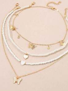 4pcs Drip Oil Butterfly & Heart Shaped Faux Pearl Beaded Butterfly Pendant Necklace Set For Teenage Girls - Multicolor - View 6