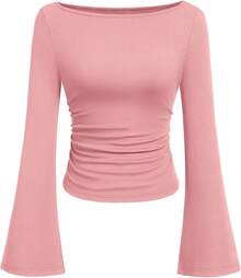 Womens Long Sleeve Shirts 2026 Spring Crop Going Out Tops Casual Boat Neck Sleeve Ribbed Ruched Y2K Clothes - Pink - View 1
