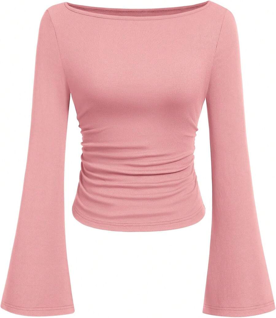 Womens Long Sleeve Shirts 2026 Spring Crop Going Out Tops Casual Boat Neck Sleeve Ribbed Ruched Y2K Clothes - Pink - View 1