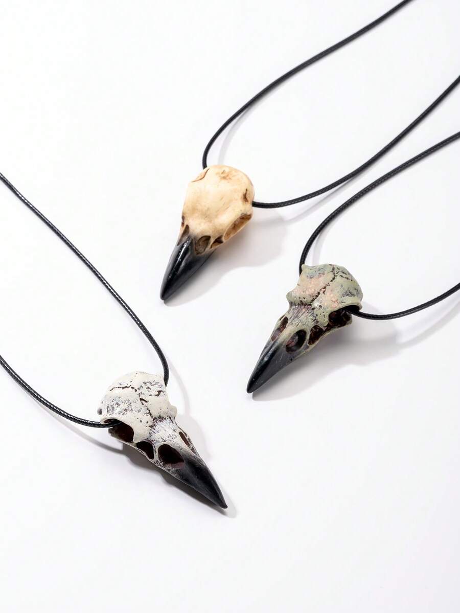 1pc Vintage Gothic Style Distressed Raven Skull Plague Doctor Resin Pendant Necklace, Niche Artistic Skeleton Pendant Leather Choker Accessory, Suitable For Men/Women Everyday Wear/Holiday Gift, All Seasons - Crow Skull Pendant Necklace - View 1