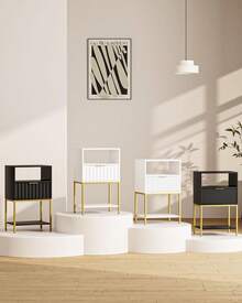 2- Tier Small Side Table For Small Spaces, White Bedside Table With Storage And Fluted Drawer, Tall Open Shelf NightStand For Living Room, Bedroom, Dorm - 白色 - 查看 2