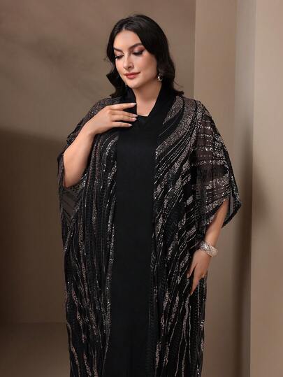 大码亮片蝙蝠袖外套和纯色无袖连衣裙两件套，阿拉伯风格连衣裙