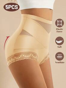 MIOTAN 5条装女士高腰网眼内裤，收腹提臀，交叉绑带设计，日常内衣 - 彩色 - 查看 2