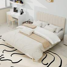 Modern And Minimalist Upholstered Bed With Plush Headboard, 140x200 Cm, Beige, Multifunctional Bedroom Furniture, Low Slatted Base Without Storage (Without Gas Spring), Mattress Not Included. - Beige + Fabric + Metal + Memory Foam - View 1