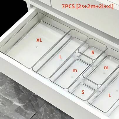 7pcs/6pcs/5pcs/1pc Drawer Divider Storage Box, Hair Accessory Organizer Box With Built-In Grid, Jewelry & Cosmetic Storage Box, Made Of Transparent PET Plastic, Multi-Functional Compartment Box For Hair Tools, Combs, Mirrors, Tweezers, Suitable For Home Drawers, Bedroom, Dorm, Bathroom, Desk