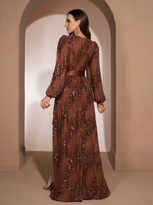 Women's Luxury Elegant Sequin Contrast Color Chiffon V-Neck Lantern Sleeve Belted Evening Dress, Suitable For Weddings, Galas, Banquets, Formal Dinners, Graduations, Coming-Of-Age Ceremonies, Celebrations, Concerts, Red Carpets And Other Occasions - 亮橙色 - 查看 2