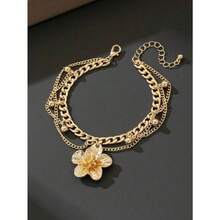 1pc Vacation Style Line & Tassel Golden Flower Pendant Multilayer Anklet For Women (No Gift Box) - 黃金 - 查看 3